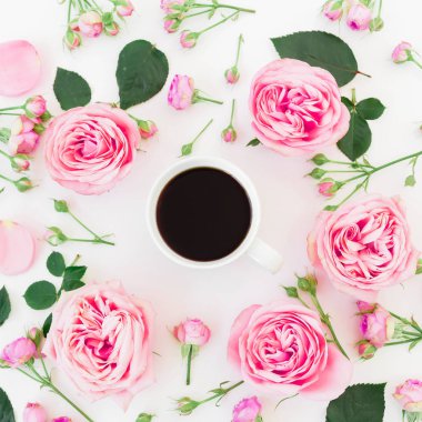 Pembe Gül beyaz arka planda siyah kahve