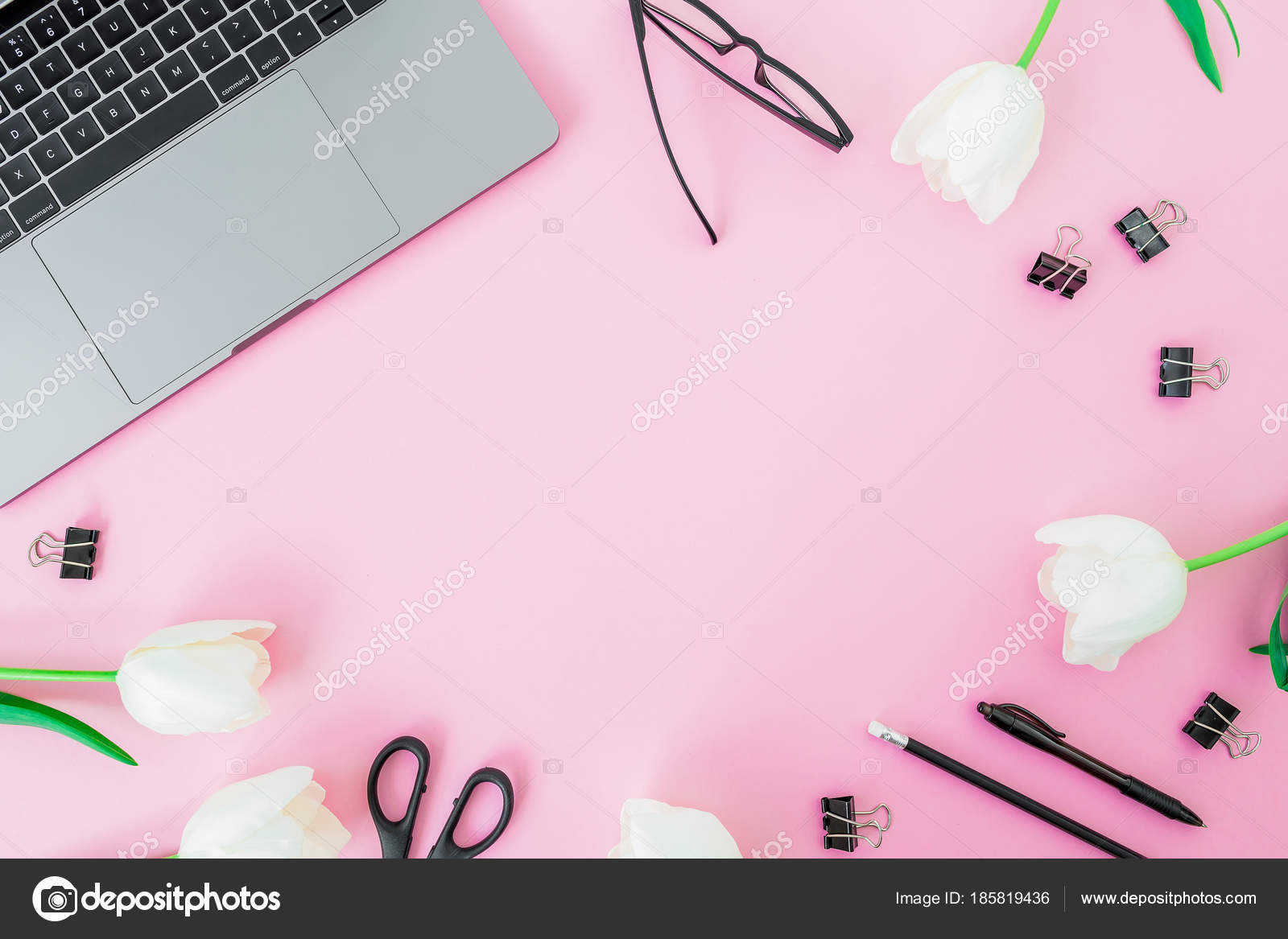 Office Desk Laptop White Tulips Glasses Pen Scissors Pink