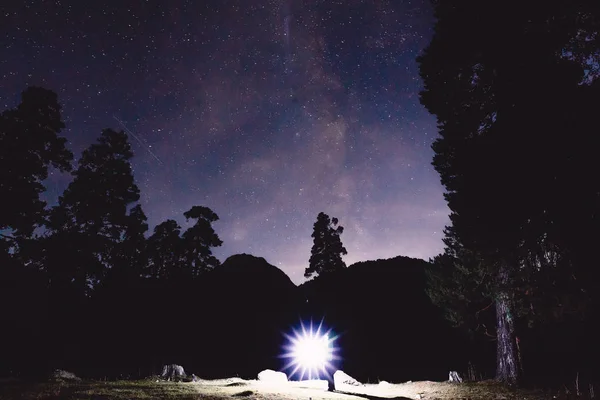 Milky Way Trees Silhouette Man Light Mountains Night Landscape — Stock Photo, Image