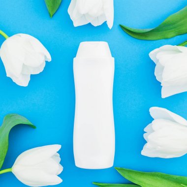 Şampuan ve Beyaz Lale çiçek mavi zemin üzerine. Güzellik blog. Düz yatıyordu, en iyi görünümü