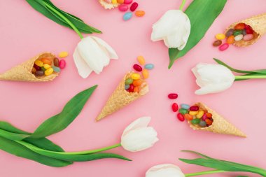 Lale ve pembe bir arka plan üzerinde renkli şekerler çiçek kompozisyonu. Düz yatıyordu, en iyi görünümü