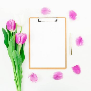 Lale beyaz arka plan üzerinde çevrili battaniye Pano Üstten Görünüm