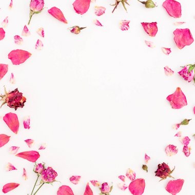 Kuru güller ve beyaz arka plan üzerinde yuvarlak yaprakları çiçek kompozisyonu