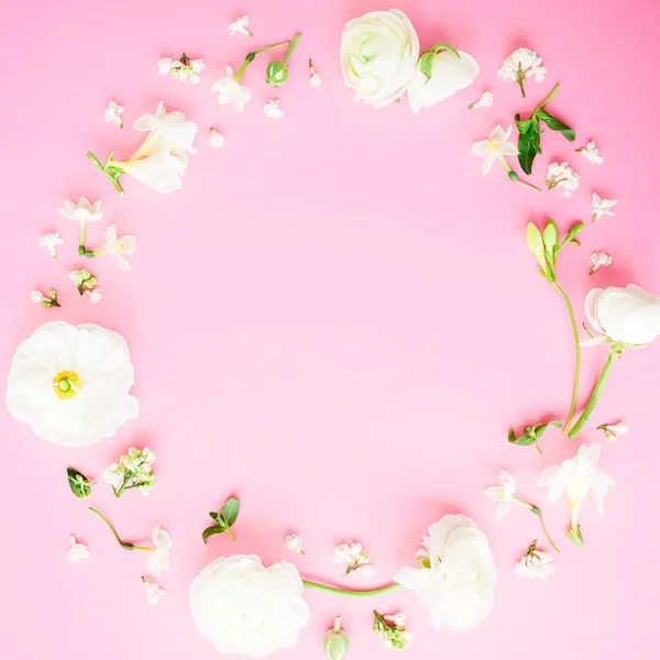 Цветочная Рамка Белых Цветов Розовом Фоне Плоская Лежала Вид Сверху — стоковое фото