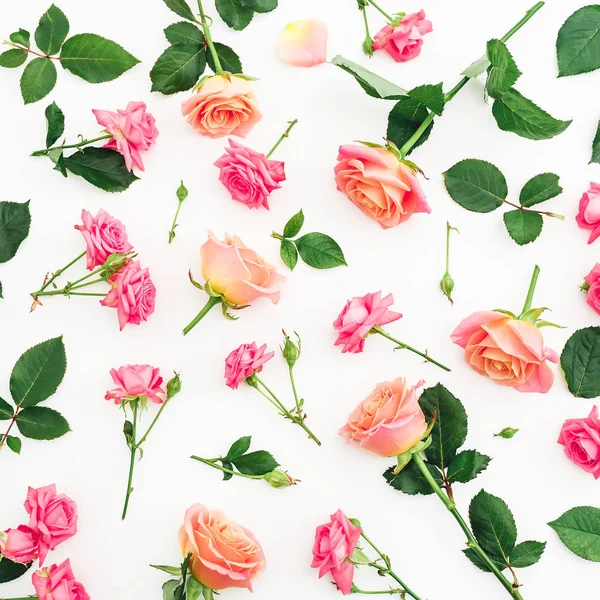 Цветочная Композиция Розовыми Розами Плоский Вид Сверху — стоковое фото