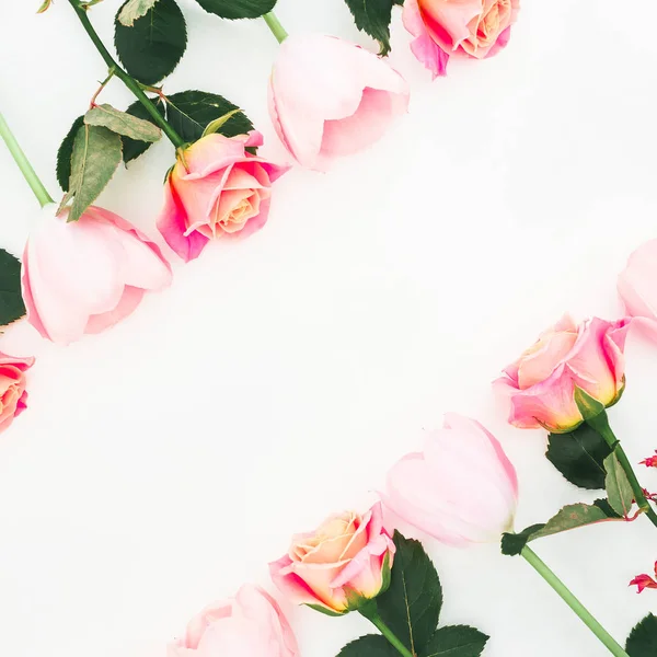 Цветочный Состав Розовыми Цветами Плоский Вид Сверху — стоковое фото