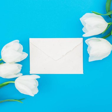 Lale ve mavi zemin üzerine beyaz zarf çiçek kompozisyonu. Düz yatıyordu, en iyi görünümü