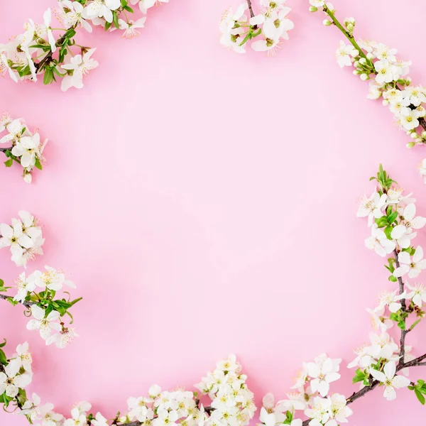 Composição Floral Feita Flores Brancas Sobre Fundo Rosa Deitado Vista — Fotografia de Stock