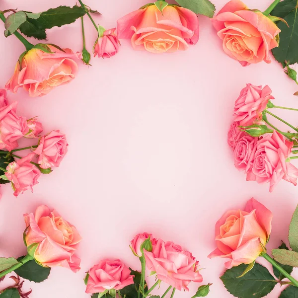 Composizione Floreale Con Fiori Rosa Lato Piatto Vista Dall Alto — Foto Stock