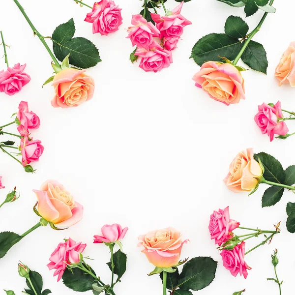 Floral Samenstelling Met Roze Bloemen Plat Lag Top Uitzicht — Stockfoto