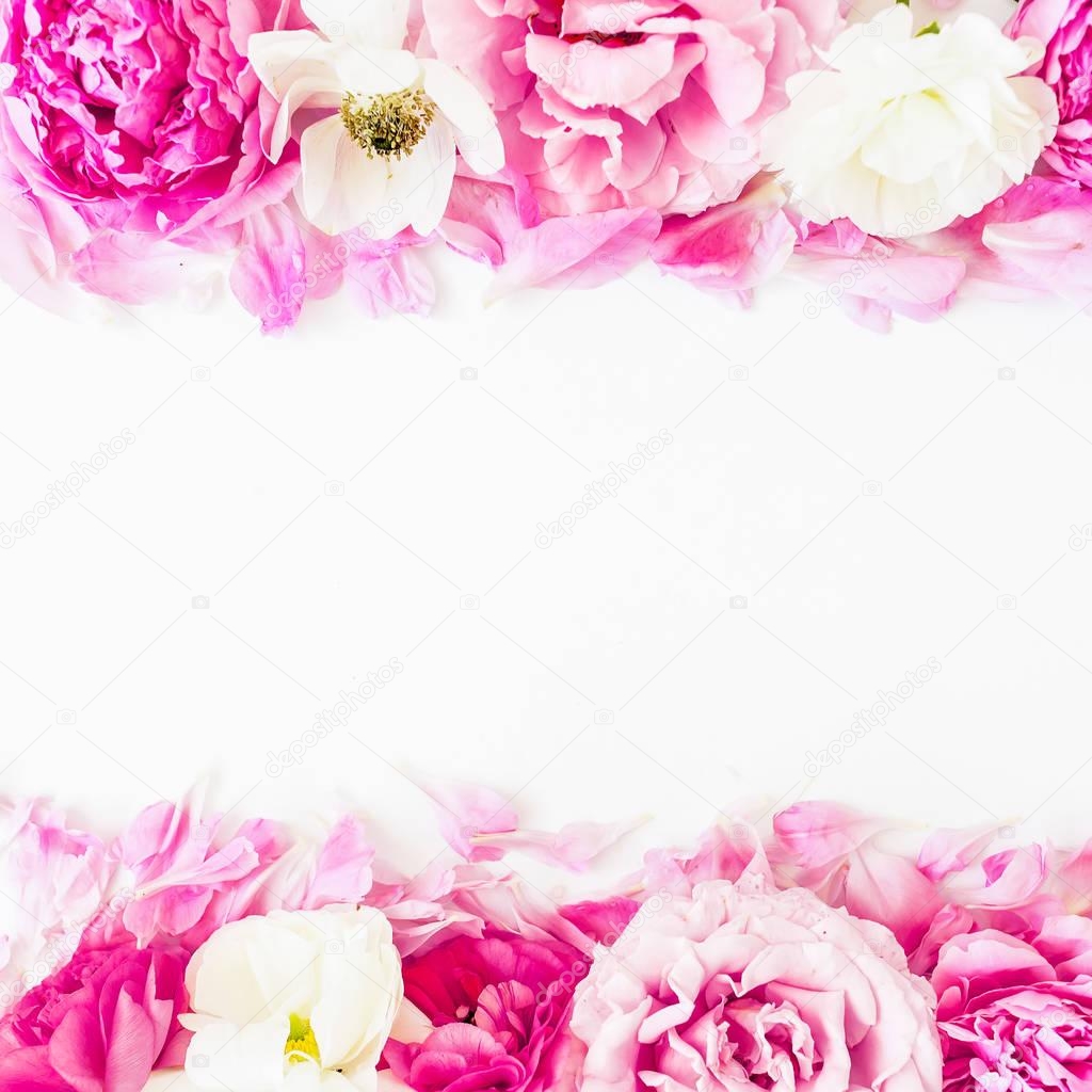 Floral composition with pink flowers. Flat lay, Top view.
