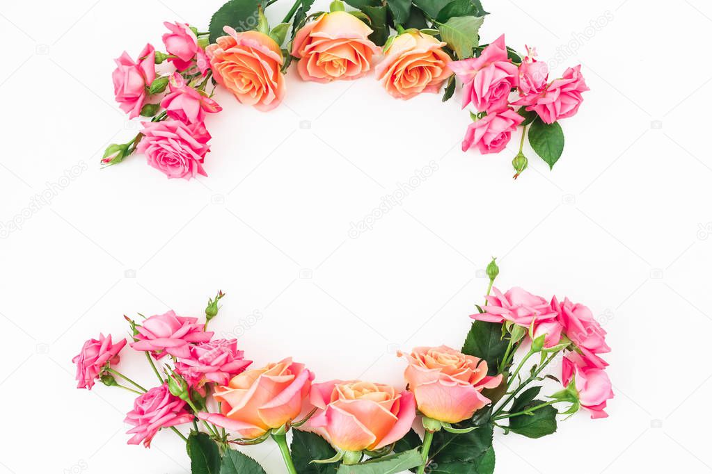Floral composition with pink and orange flowers. Flat lay, Top view.