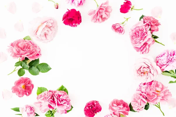 Composição Floral Com Flores Rosa Flat Lay Vista Superior — Fotografia de Stock