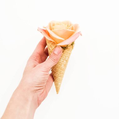 Gözleme koni üzerinde beyaz gül çiçek tutan kadın. Romantik an