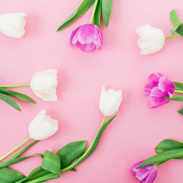 Патефон Цветками Тюльпанов Розовом Фоне Квартира Лежала Вид Сверху Женский — стоковое фото