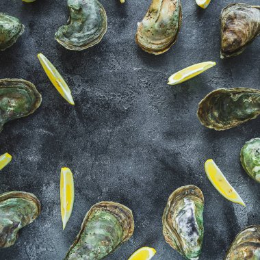 Taze istiridye taş zemin üzerine limon dilimleri ile servis ve üstten görünüm