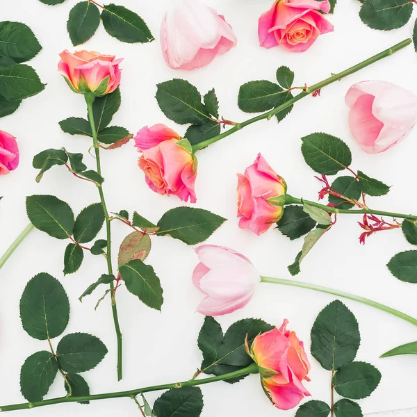 Грязный Фон Свежими Розами Тюльпанами Белом Фоне — стоковое фото