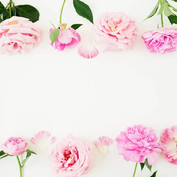 Floral Frame Met Roze Pioenrozen Rijen Witte Achtergrond — Stockfoto