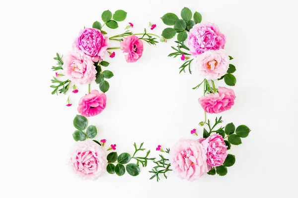 Florale Komposition Mit Frischen Rosa Rosen Rund Auf Weißem Hintergrund — Stockfoto