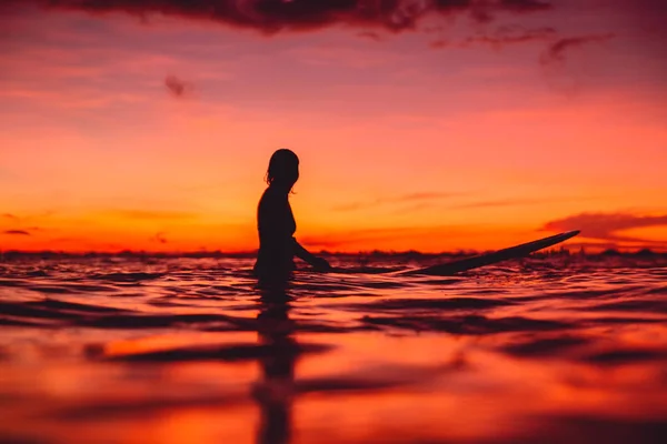 Silhouette Surfer Board Sunset Sky — Stock Photo, Image