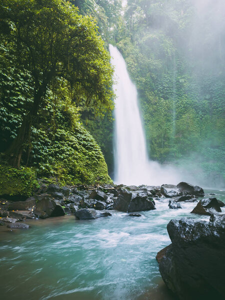 Photo Beautiful Waterfall Mountains Green Trees Background — Stock Photo, Image