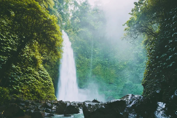 Fotoğraf arka plan üzerinde yeşil ağaçlar ile dağlarda güzel şelale