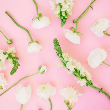 Pastel pembe bir arka plan üzerinde güzel beyaz çiçeklerin Üstten Görünüm