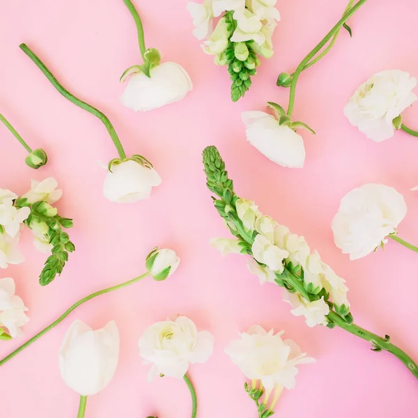 Вид Сверху Красивые Белые Цветы Розовом Фоне — стоковое фото