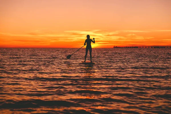 日没時熱帯の海の水のサーフボードに立っているスタイリッシュなスポーツウェアを着て美しい若い女性のシルエット — ストック写真