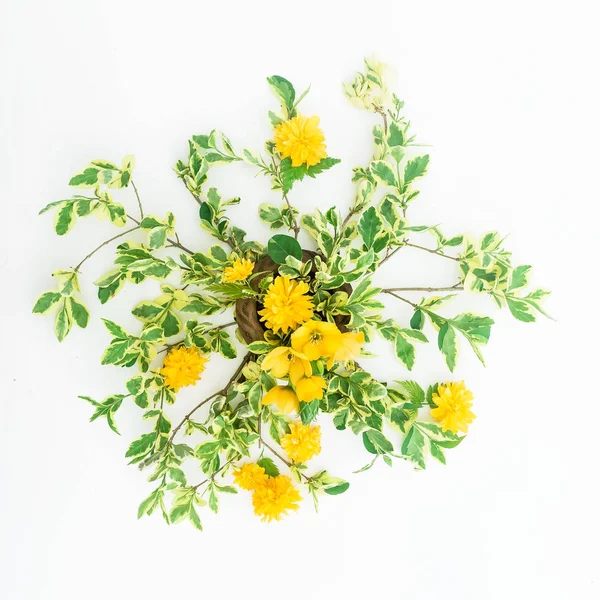 Top View Beautiful Yellow Flowers Green Leaves Isolated White Background — Stock Photo, Image