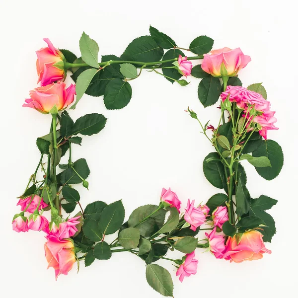 Von Oben Ansicht Der Schönen Rosa Rosen Lila Blumen Rahmen — Stockfoto