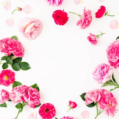 Çiçek desenli pembe güller ve beyaz arka planda yapraklar. Fla