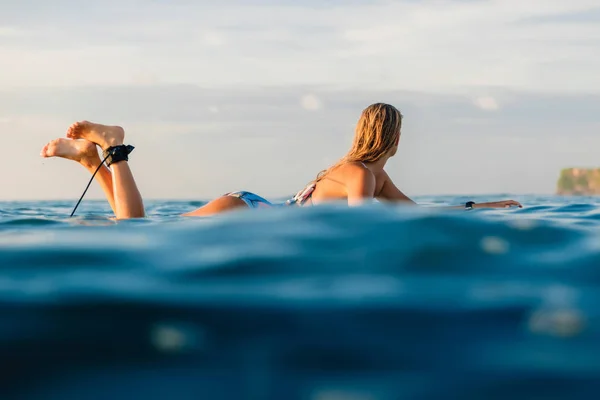 Uma Surfista Atraente Numa Prancha Surf Oceano Surfista Pôr Sol — Fotografia de Stock