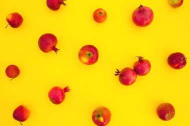 Sarı arka planda izole edilmiş nar tozlarının deseni. Yiyecek.