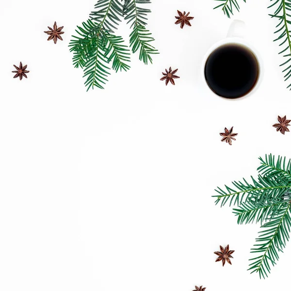 Vánoční koncept větví s anýzem a hrnečkem kávy na wh — Stock fotografie