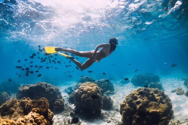 Ragazza subacquea libera scivola con la scuola di pesci nel mare blu — Foto Stock