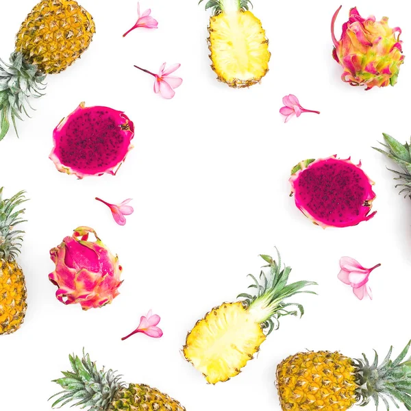 Cadre tropical composé d'ananas et de fruits du dragon à la fleur rose — Photo