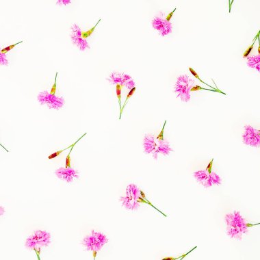 Beyaz arka planda pembe çiçeklerden oluşan çiçek deseni. Düz la