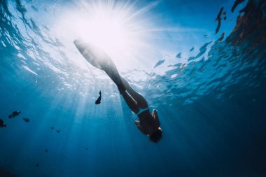 Kadın serbest dalgıç su altında yüzgeçleri ile rahatlar. Özgür dalış kızı ve... 