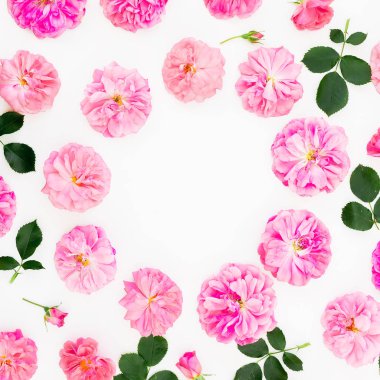 Çiçekli pembe güller ve şakayık çiçekleri beyaz b 'ye.