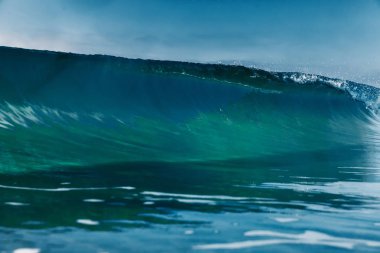 Okyanusta sörf yapmak için fıçı dalgası. Şeffaf dalga kırılıyor