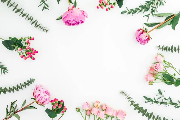 Marco con peonías rosadas, rosas y eucaliptos aislados en blanco — Foto de Stock