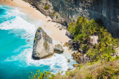 Okyanuslu elmas plajı, Hindistan cevizi palmiyeleri ve Nusa Penida 'da kaya.