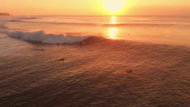 Vista Aérea Con Olas Oceánicas Surfista Atardecer Amanecer — Vídeo de stock