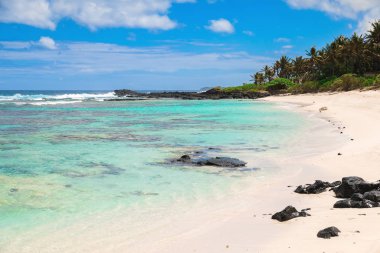 Mauritius 'ta kum, kaya, okyanus ve mavi gökyüzü olan tropik plaj