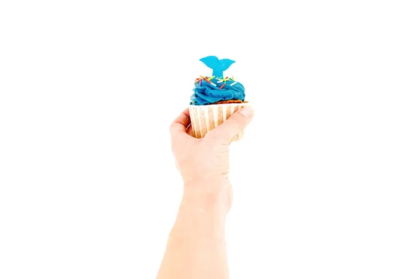 Woman Holding Muffin Blue Cream Whale Tail Made Sugar White — Stock Photo, Image