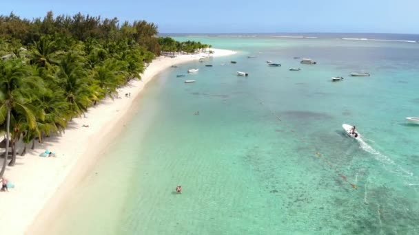 Praia Tropical Maurício Praia Com Palmeiras Oceano Barcos Vista Aérea — Vídeo de Stock