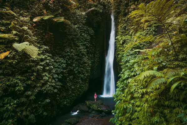 熱帯ジャングルの滝とビキニの一人娘 インドネシアのバリ島でのリーク滝 — ストック写真