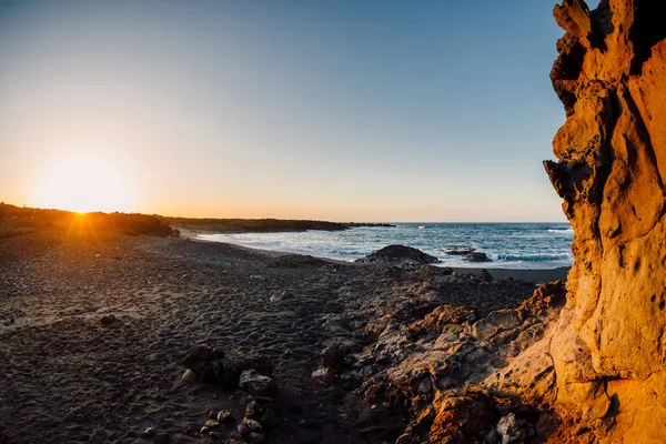 Beach Lava Cliffs Ocean Warm Sunset Lanzarote Canary Islands — Stock Photo, Image