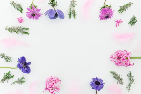 Floral Frame Pink Blue Flowers Feathers White Background Flat Lay — Stock Photo, Image